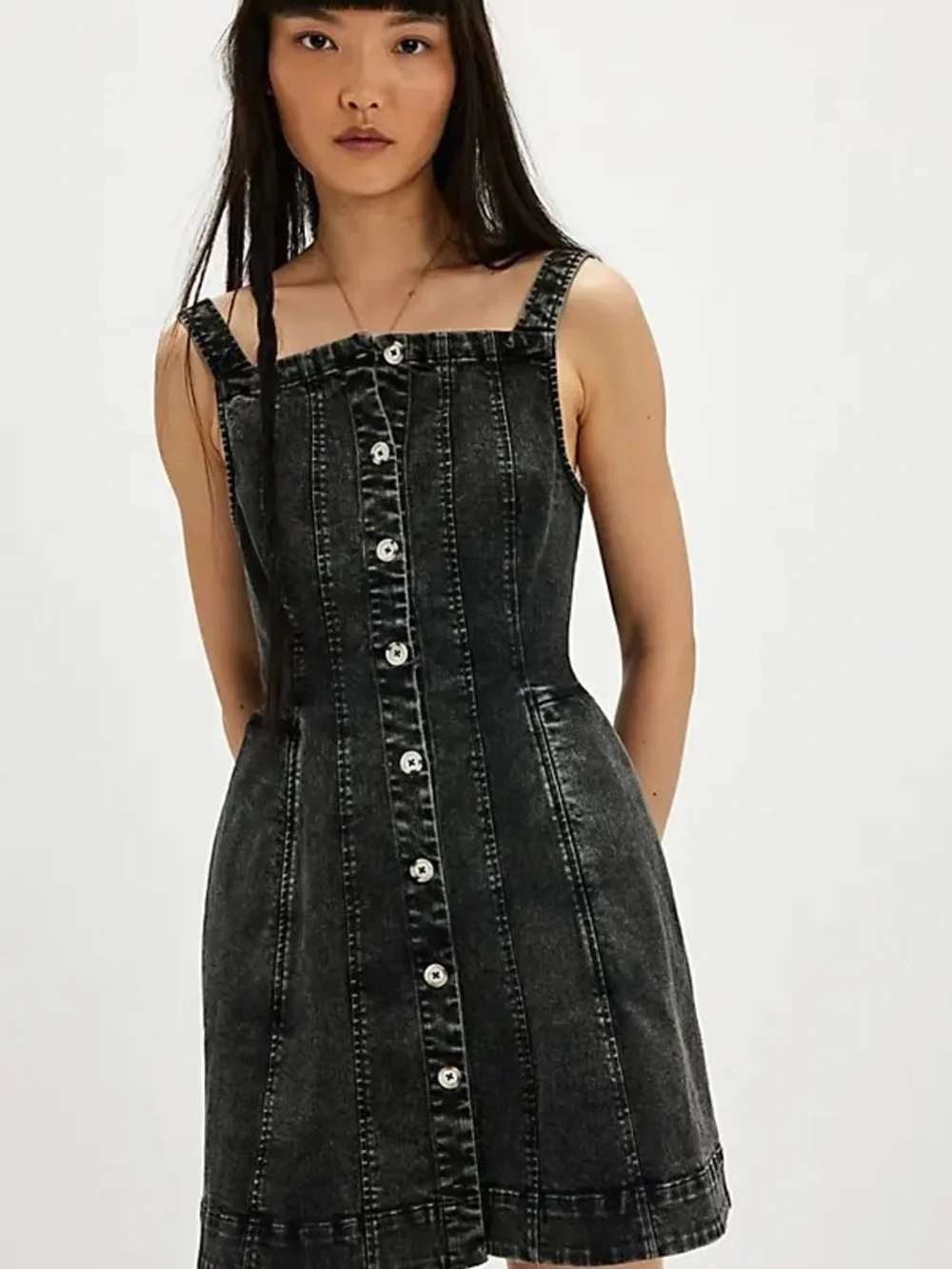 Free People Gimme More Denim Button-Front Mini Dress in Gray Skies Black NWT LG